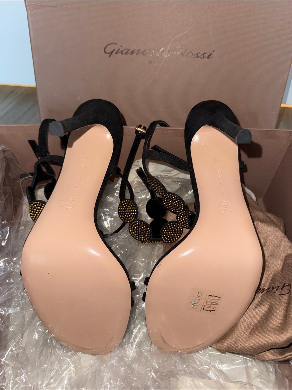Gianvito Rossi Babylon Black Beaded Leather Heel Sandals - Picture 2 of 5